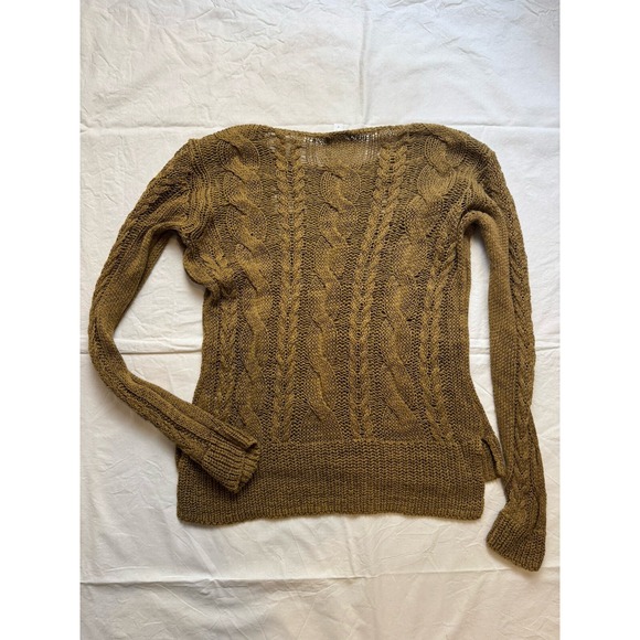 Garnet Hill Sweater Top Olive Green Linen Blend Cable Knit Beachy Lagenlook Sz M - Picture 3 of 8